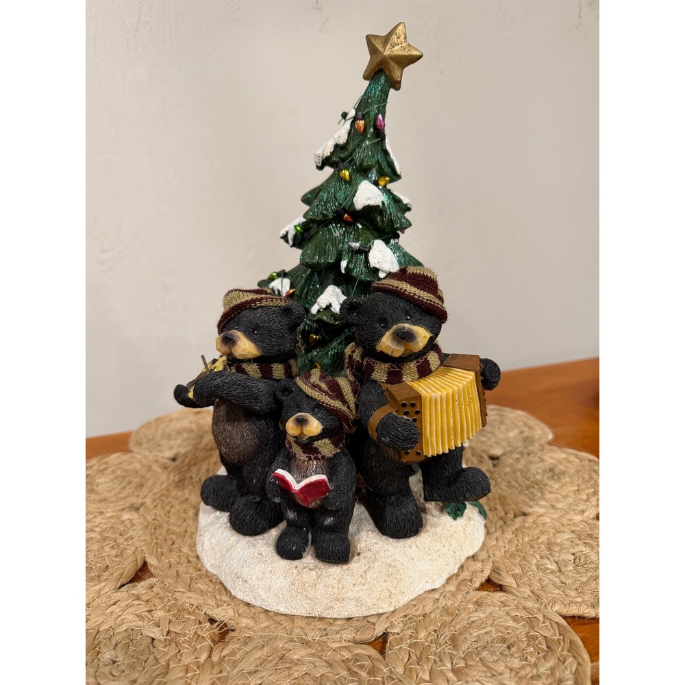 Black Bear Family Christmas Tree Figurine Musical Carolers Rustic Cabin Decor